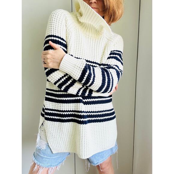 Nautical Striped Chunky Knit Sweater Size Large Cotton Lands' End Coastal Beachy - Picture 8 of 9